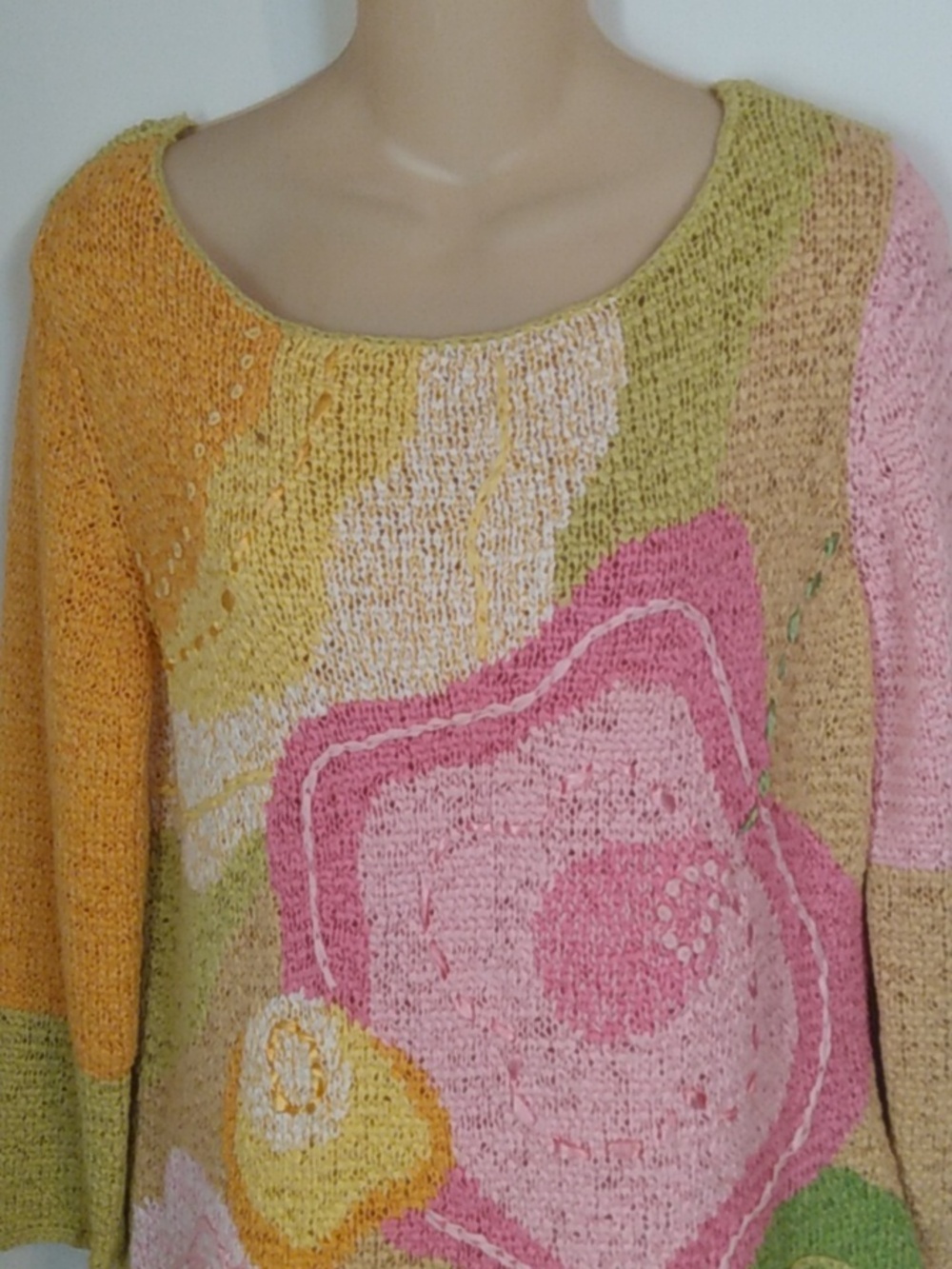 Pastel Floral Cottagecore Whimsy Lightweight Sweater Woven Ribbon Pink Yellow - Picture 3 of 11
